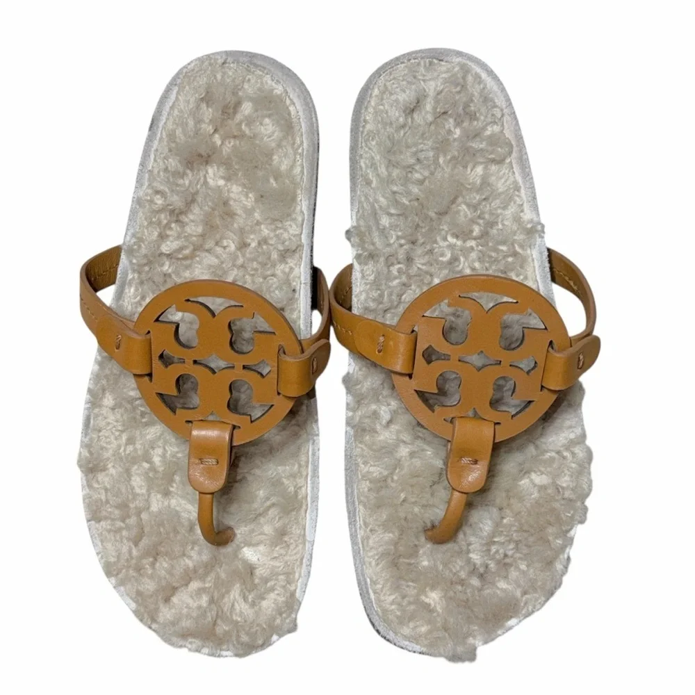 Tory Burch Tan Miller Cloud Shearling Sandals Womans 7